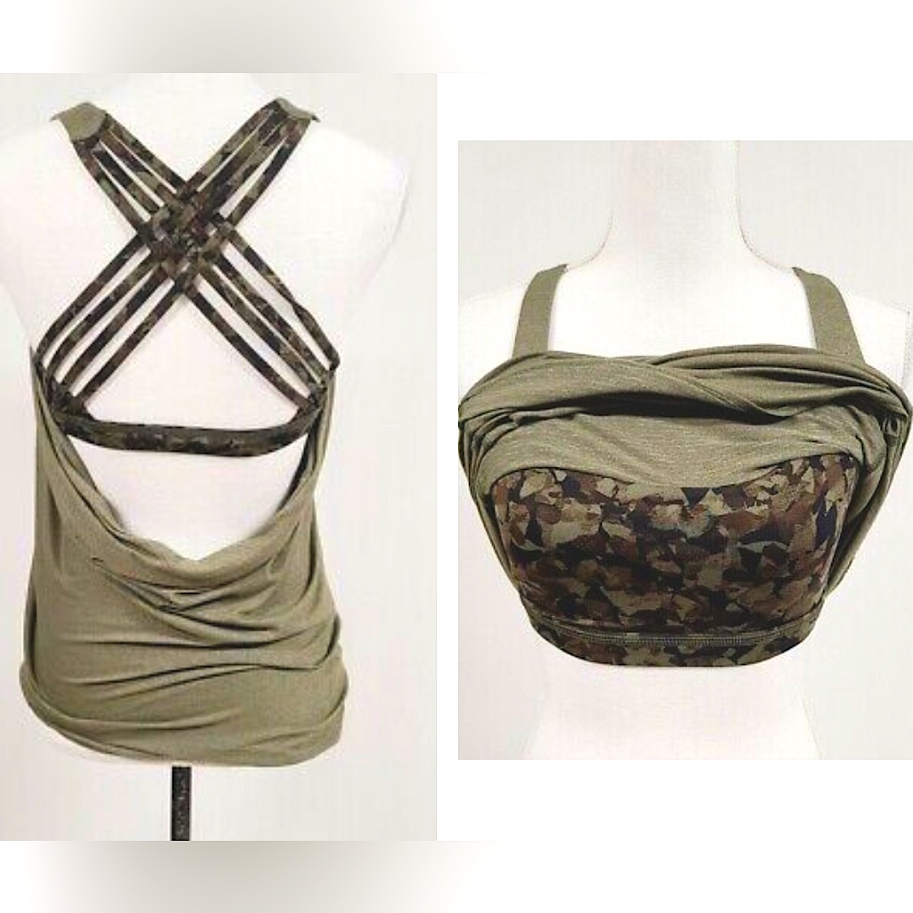Lululemon Size 2 Army Green Strappy Open Back Tank W/Camo Built-In Bra. Worn 1x!